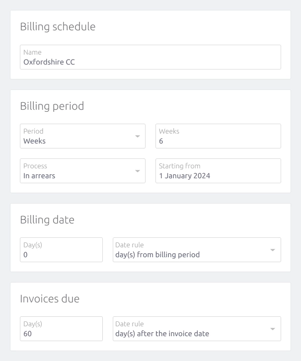 Example of setting up a 6 weekly in arrears billing schedule on CareHQ