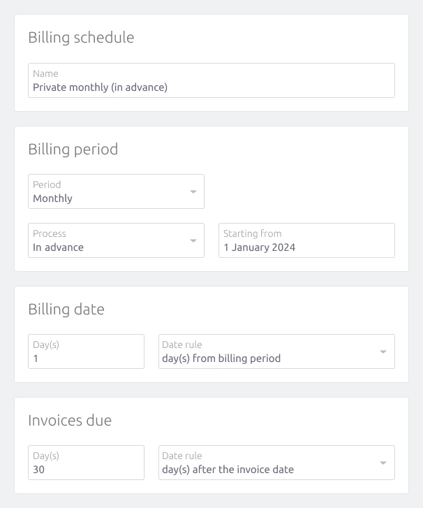 Example of setting up a monthly in advance billing schedule on CareHQ