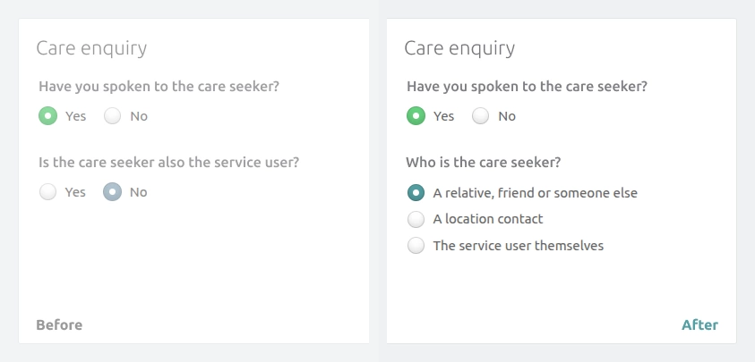 Screenshot showing the ability to select a location contact as a care seeker in CareHQ.