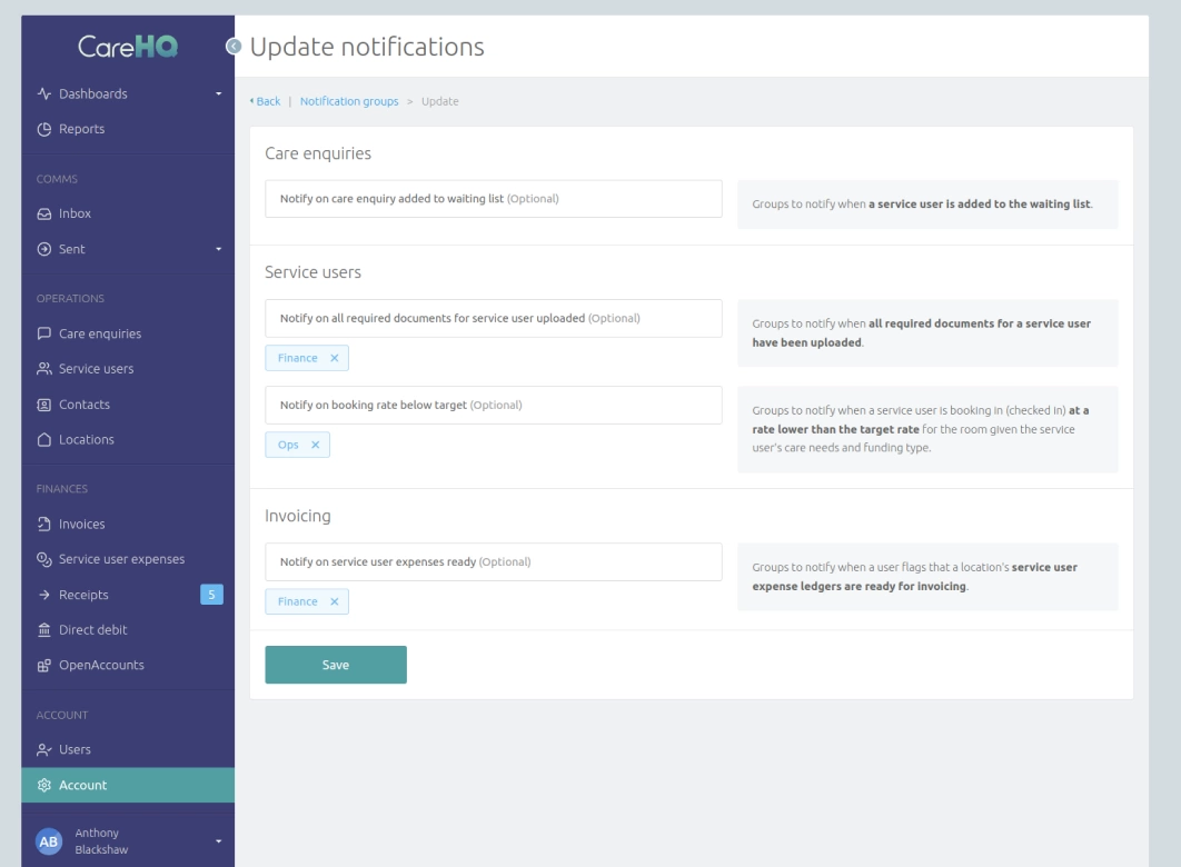 Configuring notification groups to notify for account notification events