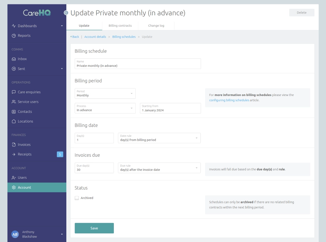 Updating a billing schedule in CareHQ