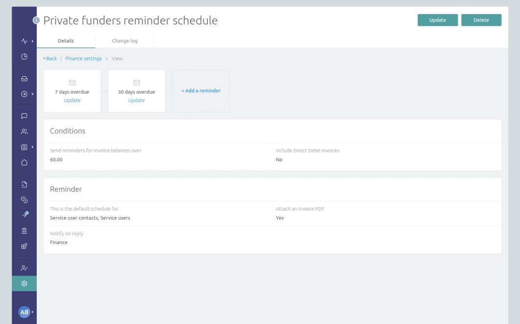 Configuring invoice reminder schedules in CareHQ