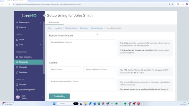 Enabling billing for a resident and setting up the billing contract ...