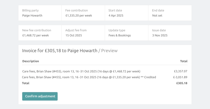 Screenshot showing a preview of an invoice for a fee adjustment
