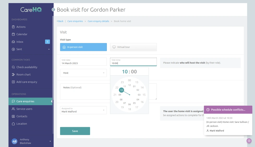 Detection of potential scheduling conflicts while booking a care home visit