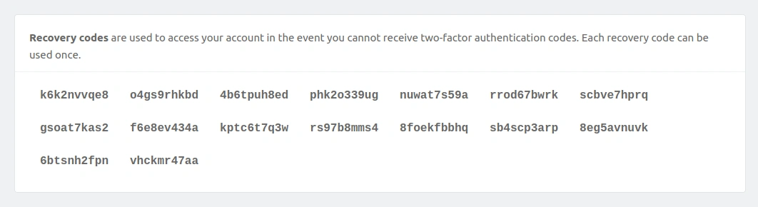 A grid of recovery codes for MFA/2FA authentication