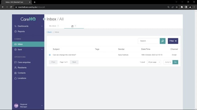 Regional manager inbox · CareHQ · A CRM application for UK care providers