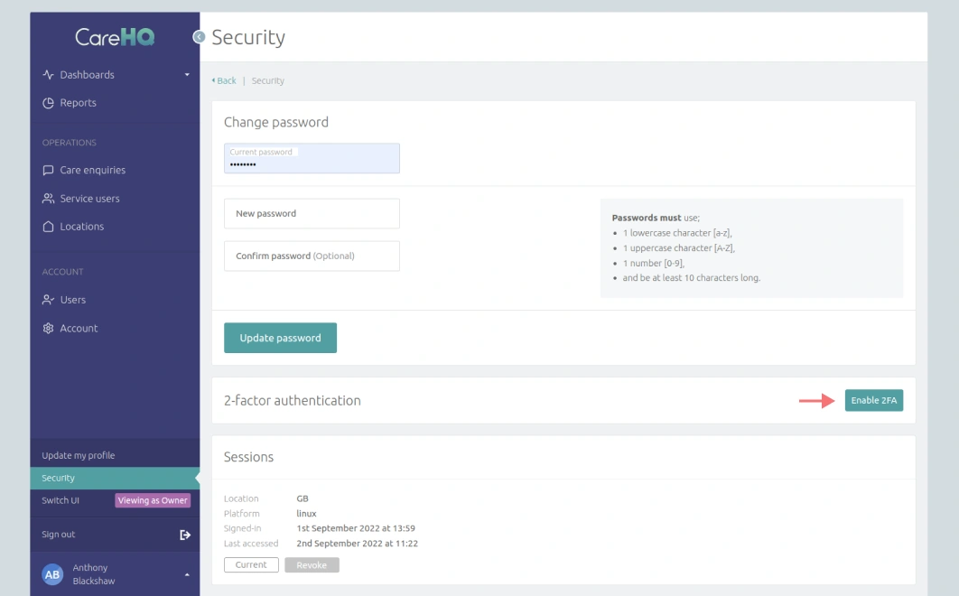 Screenshot of the security settings page for a user account