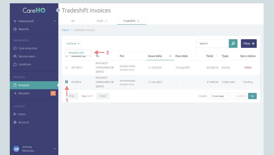 Screenshot of requesting a credit note is synced with Tradeshift