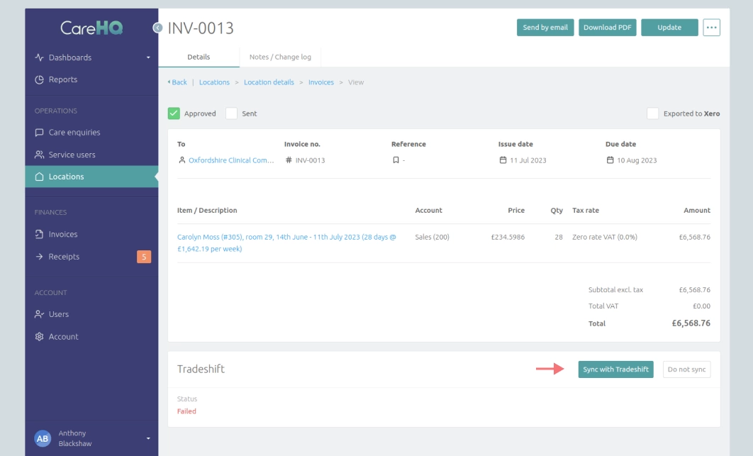 Screenshot of an invoice with the option to sync with Tradeshift