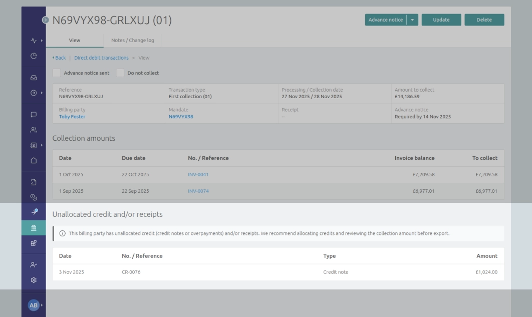 Screenshot showing a Direct Debit collection transaction for a billing party with an outstanding credit note