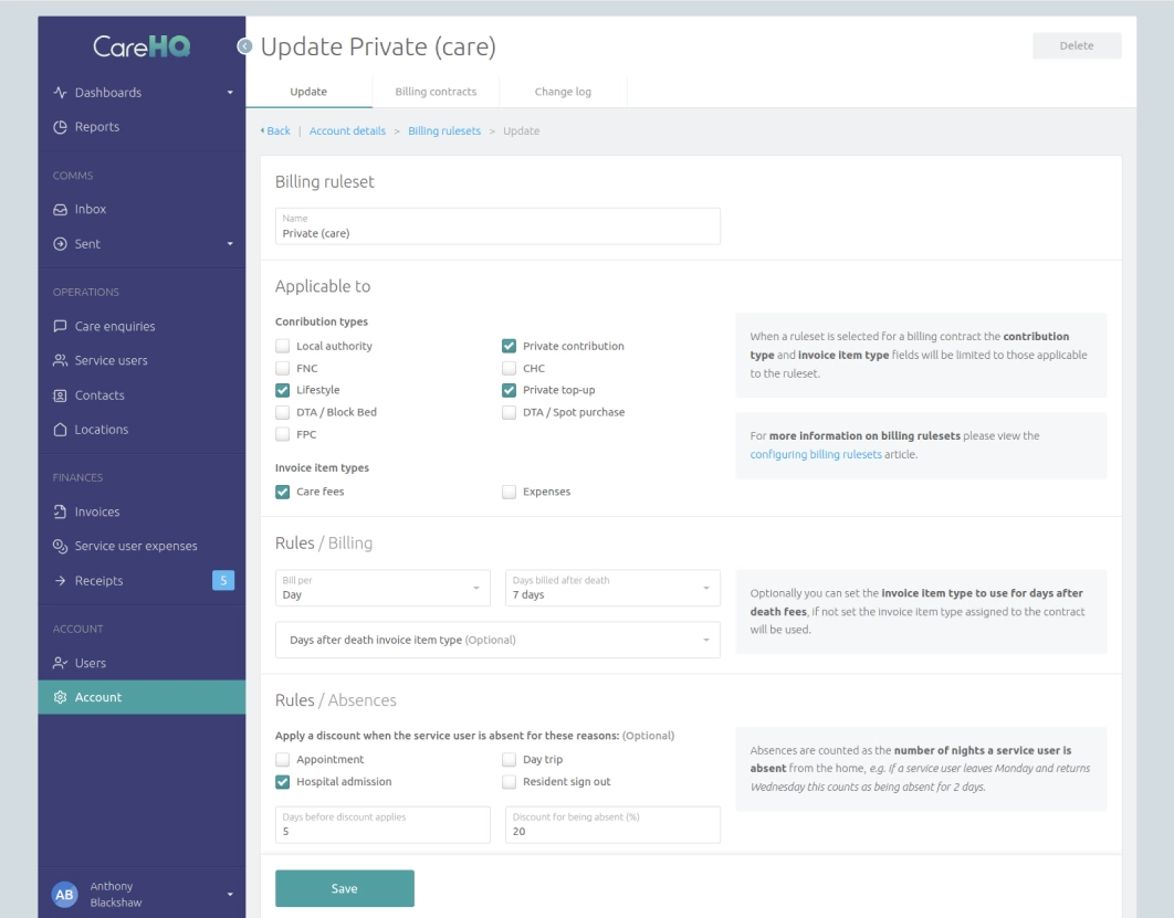 Updating a billing ruleset in CareHQ